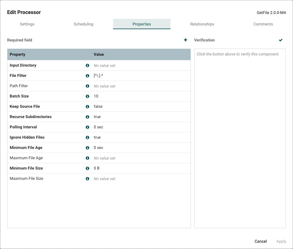 Example of Properties available for GetFile Processor